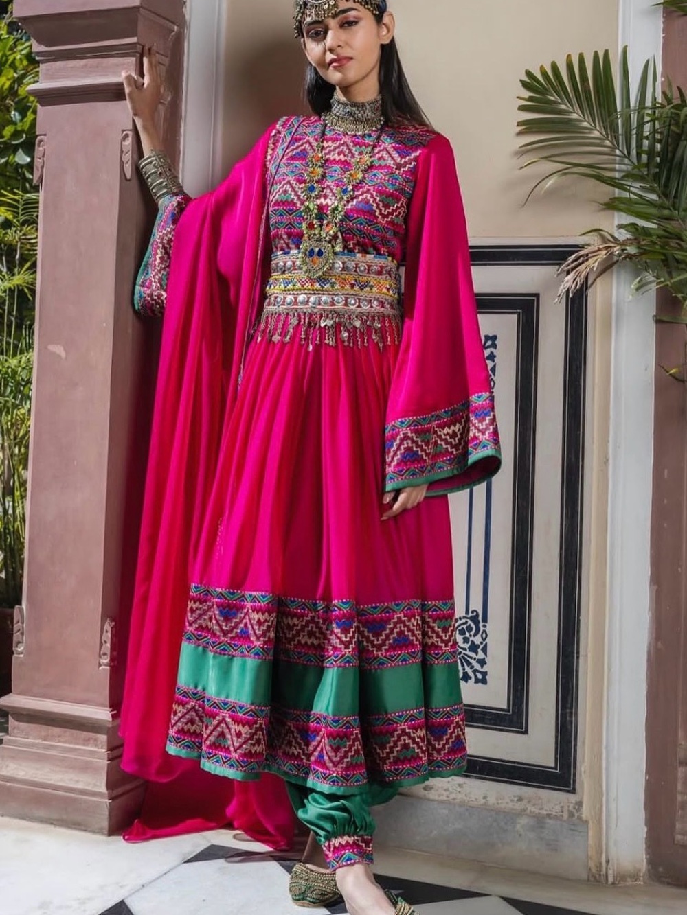 Custom Anarkali Dress - Vibrant Fuchsia Embroidered with Green Accents